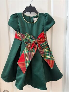 Rare Editions Emerald Green Holiday Dress with Red Plaid Bow size 3T